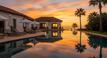 Fototapeta premium Luxury Villa Poolside View At Majestic Sunset With Palm Trees Landscape