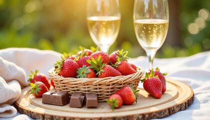 Romantic picnic with strawberries and champagne. Fresh strawberries in wicker basket next to glasses of sparkling champagne. Delicious chocolate pieces complement this romantic setting. 