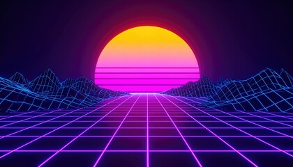 Sunrise in futuristic glowing 3D wireframe style 80's