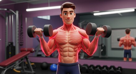 Animated male character performing strength training with dumbbells in gym environment