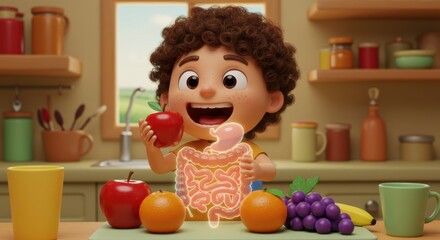 Cartoon Child Celebrating with Fruit and a Cake in a Bright Kitchen Scene