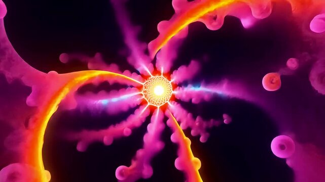 Abstract Digital Animation with Glowing Central Core and Radiating Vibrant Tendrils in Motion