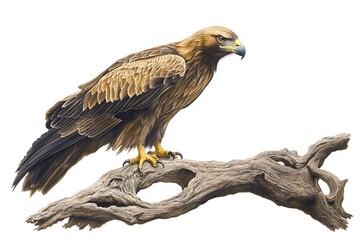 Fototapeta premium A majestic golden eagle perched gracefully on a weathered branch against a white backdrop image view