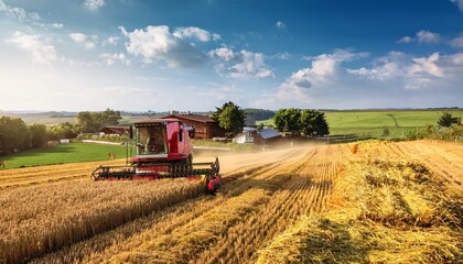 Fototapeta premium harvesting crops with farm in a scenic countryside landscape