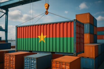 Fototapeta premium Burkina Faso flag on container lifted at terminal. Shipping container painted with Burkina Faso’s red, green, and yellow flag being hoisted by crane at a port. Great for African trade, export, and in 