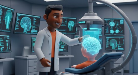Innovative pediatric neurological treatment session with animated doctor and kid in a high-tech medical environment