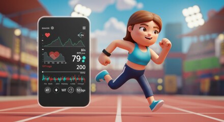 Animated Female Athlete Running at the Track with a Digital Health Monitor Display