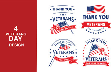 Four veterans day designs with american flags and thank you messages for service and patriotism