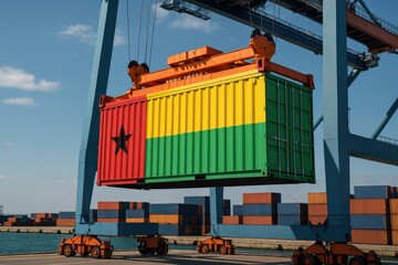 Guinea-Bissau flag container lifted by crane at port
