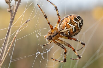 Orb weaver spider on its web in nature close up