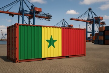 Shipping container painted with the flag of Senegal in a port setting, ideal for West African trade, export logistics, or global commerce. Senegal flag container at international port

