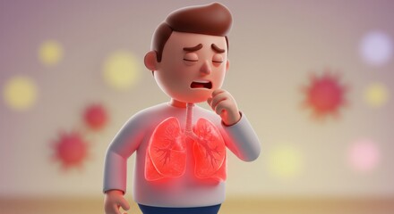 Animated character experiencing respiratory discomfort with graphical virus depiction in background