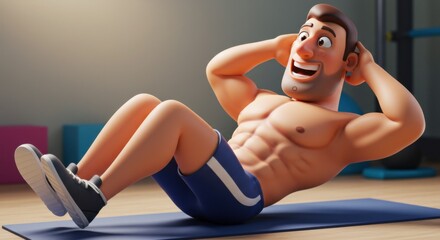 Energetic young man performing abdominal workout on exercise mat in gym