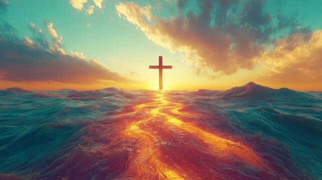 A powerful cross rises above a fiery path on the ocean at sunset.