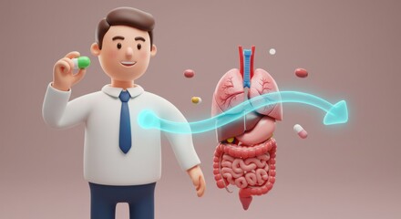 Animated Medical Illustration Showing Human Digestive System and Supplement Intake