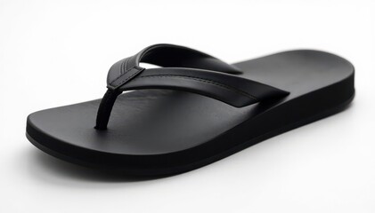 Single black flip-flop on white background, close-up view, beach, footwear