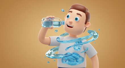 Animated Young Boy Drinking Water from a Bottle with Splash Effect