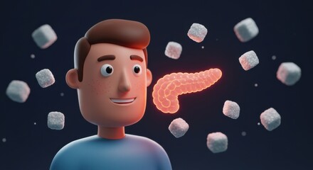 Animated young man in a digital environment surrounded by floating marshmallows and a glowing pancreas