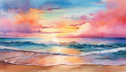 serene coastal sunrise watercolor scene with gentle waves rolling onto sandy beach under cotton candy sky perfect for wellness and meditation