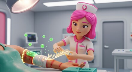 Animated Nurse Caring for Patient with Advanced Medical Technology in Modern Clinic