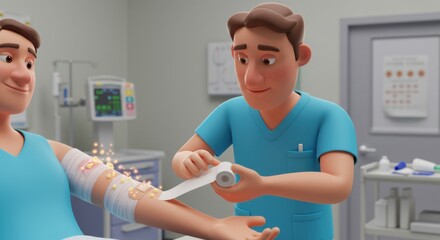 Animated healthcare scene depicting a doctor applying a therapeutic bandage in a clinical setting with medical equipment in the background