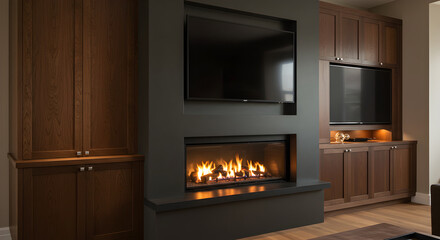 Sophisticated Living Room Featuring Fireplace Tv and Custom Cabinetry