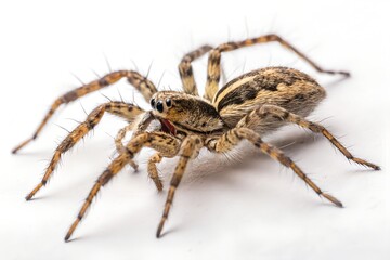 Fototapeta premium Closeup of a wolf spider on white background detailed arachnid