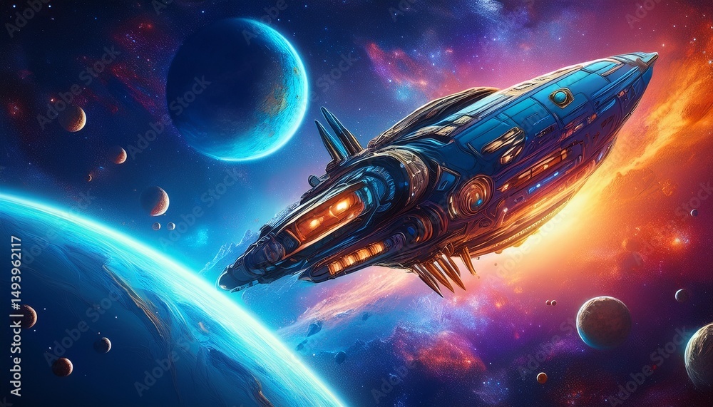 Wall mural spaceship navigating through a vibrant galaxy filled with stars and planets near a distant blue plan