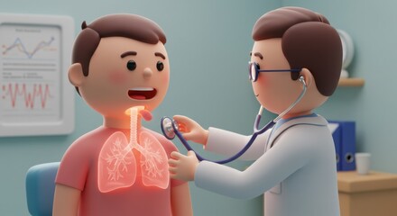 Illustration of a friendly doctor examining a young patient's respiratory health with digital lung display