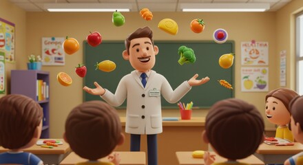 Animated Food Scientist Demonstrating Fruit and Vegetable Sorting in Classroom