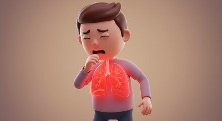 Animated Character Experiencing Lung Discomfort with Highlighted Airways