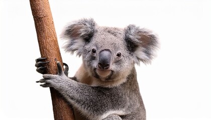 Obraz premium portrait of a cute koala bear sitting on tree branch isolated on white background