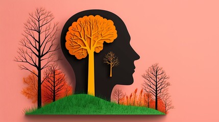 Autumnal Tree Growing Inside Head Silhouette Pixel Art Illustration
