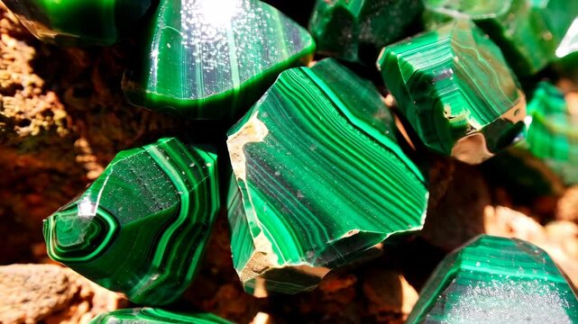 Collection of polished malachite stones showing vibrant green color and banded patterns on a rocky surface under natural lighting