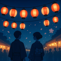 夏祭りの提灯と浴衣のシルエット