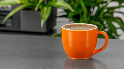 Orange Coffee Cup on Dark Gray Countertop with Green Plants