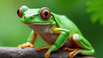 Green tree frog perched on white, vibrant skin, reptile, macro photography