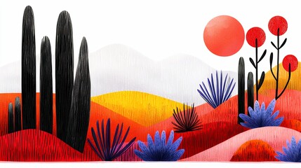 Vibrant Red and Orange Stylized Landscape Painting with Sun