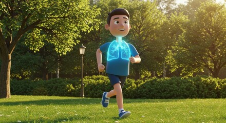 Animated young boy jogging in a lush park with vibrant greenery and sunlight
