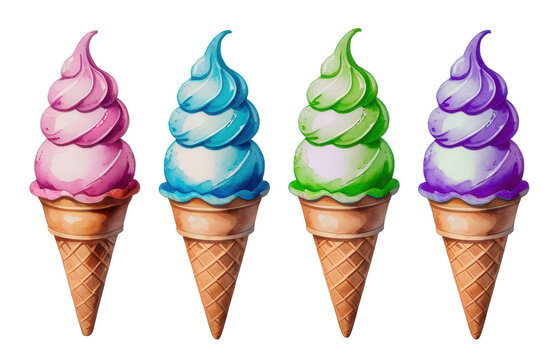 Set de conos de helado, estilo acuarela, aislados sobre fondo transparente. PNG.