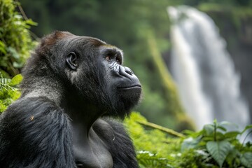 Naklejka premium Majestic gorilla in lush rainforest near waterfall