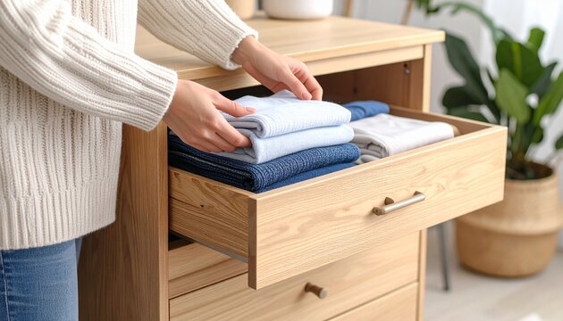 Persona Doblando Ropa y Guard&aacute;ndola en Cajones de Madera - Organizaci&oacute;n, Almacenamiento, Hogar