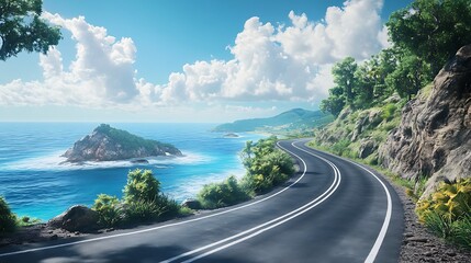 Scenic coastal road winding through lush landscape.