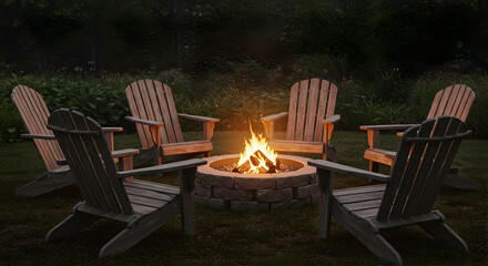 Cozy Evening Gathering Around The Fire Pit With Adirondack Chairs