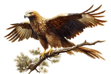 Obraz premium A detailed illustration of a golden eagle perched on a branch with its wings partially spread wide