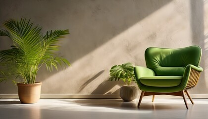 cozy green chair beside a potted plant against a textured wall sunlit ambiance