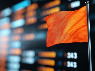 A red flag stands in front of a blurred digital board displaying data or numbers, suggesting warning or caution in a business or finance context.