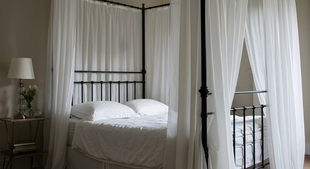 Elegance And Serenity An Interior With A Canopy Bed And Soft Lighting
