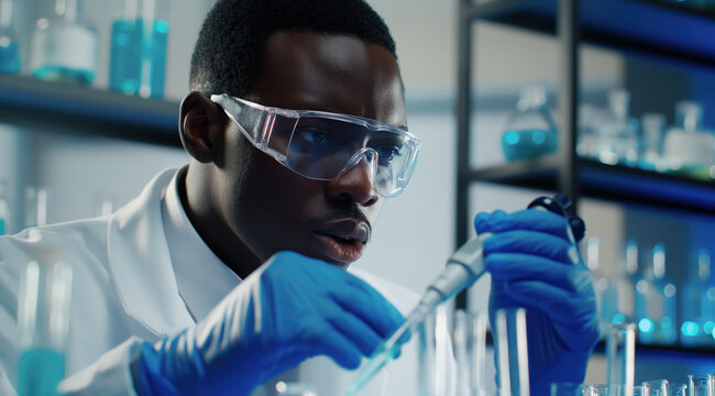 Medical bio laboratory, Research, Science test technology. Pharmaceutical lab specialist examines medicine vials, hospital patient samples. Medical student conducts research. Realistic style photo