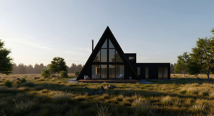 Obraz premium Contemporary Triangle House In A Rural Landscape With Early Morning Light